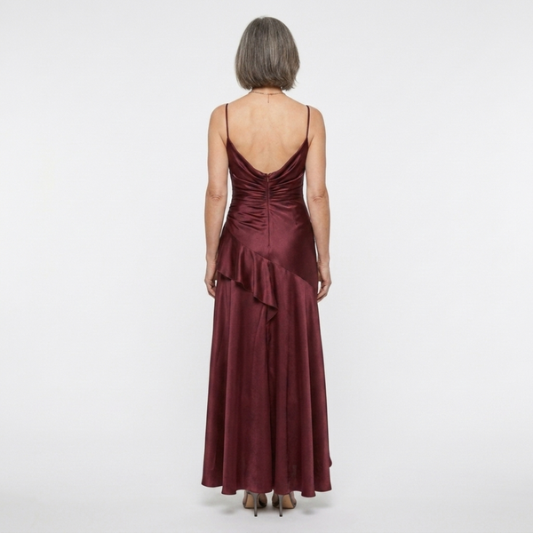 Women's long dress — satin with asymmetrical hem and ruffles | chic evening