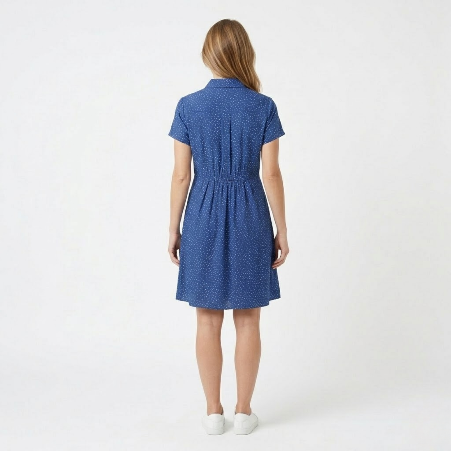 Mid-Length Printed Summer Dress with Round Neck and Short Sleeves in Polyester for Women