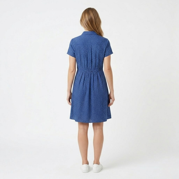 Mid-Length Printed Summer Dress with Round Neck and Short Sleeves in Polyester for Women