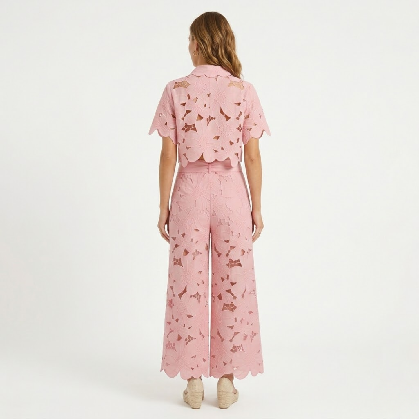 Women's Two-Piece Set with Lace Crop Top and Wide-Leg Pants