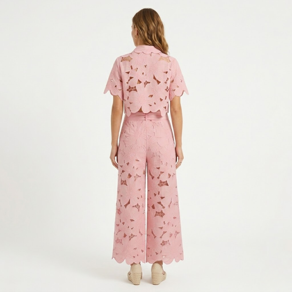 Women's Two-Piece Set with Lace Crop Top and Wide-Leg Pants