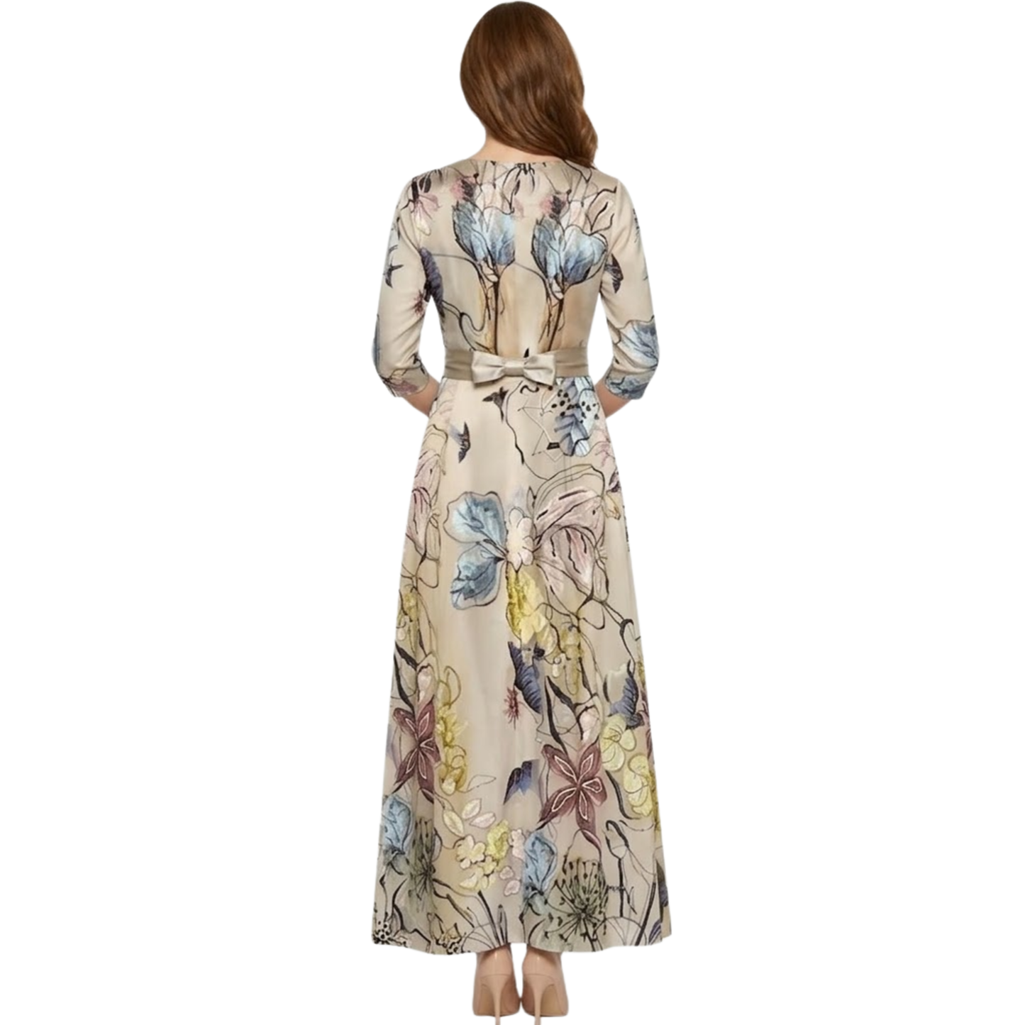 Long Floral Dress with V-Neck, Long Sleeves, and Flowing Fit