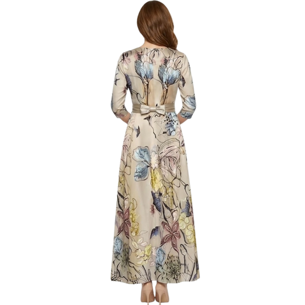 Long Floral Dress with V-Neck, Long Sleeves, and Flowing Fit