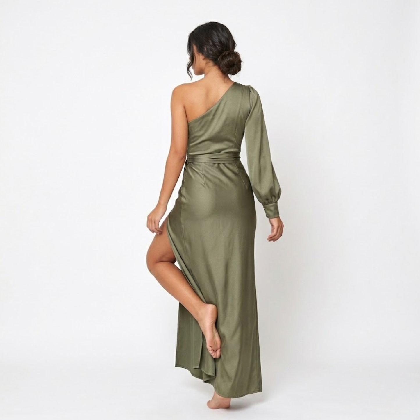 Satin Long Dress with Off-Shoulder, Draped Bow, and Side Slit