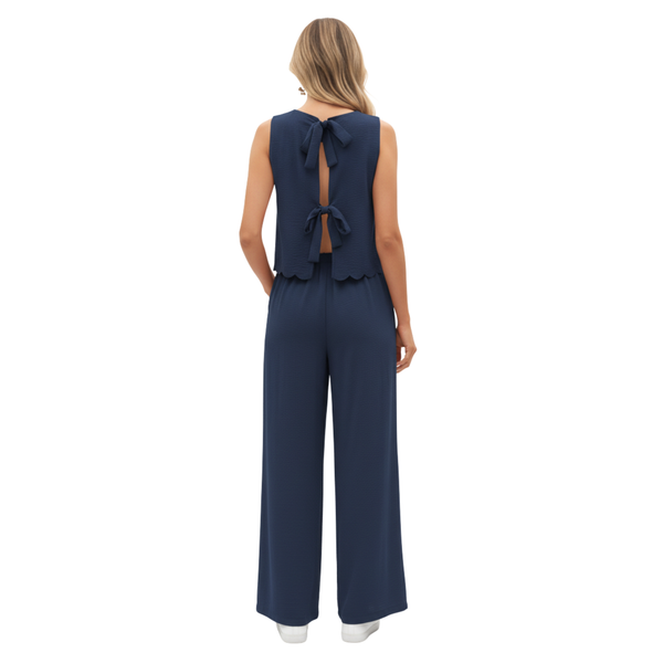 Two-piece women's set: sleeveless top with scalloped edge and wide ankle-length pants