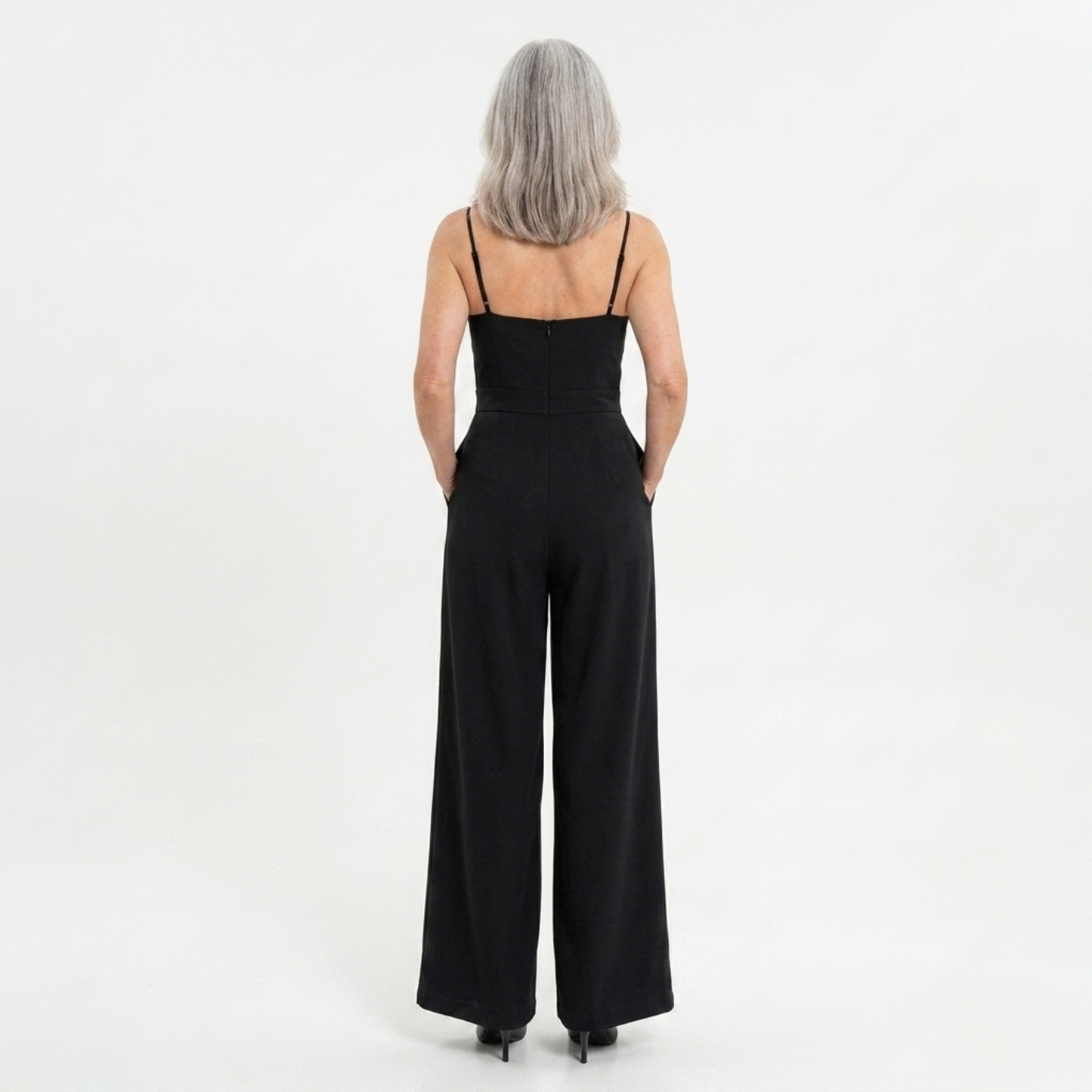 Women's high-waisted jumpsuit — wide legs and sweetheart neckline — evening