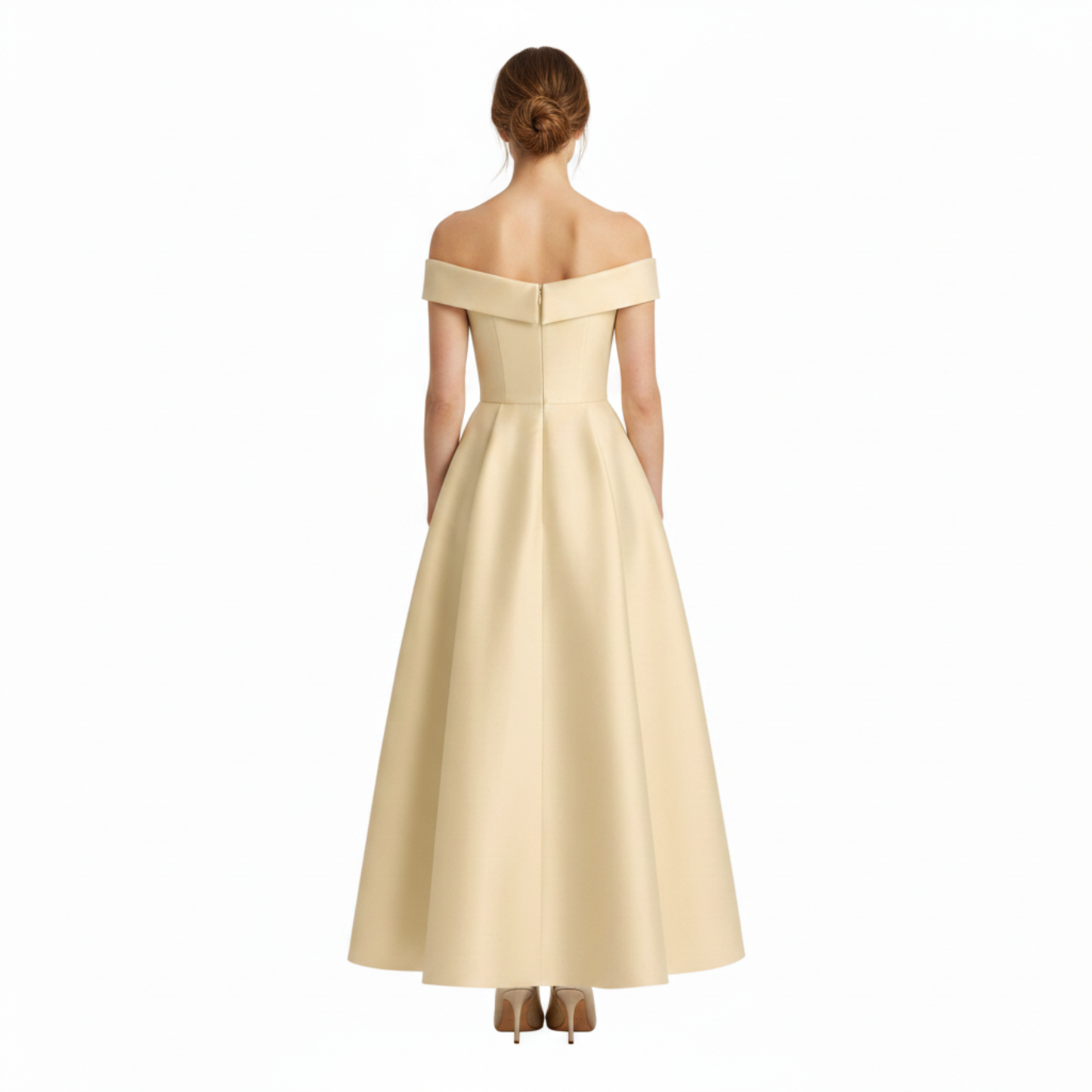 Midi Flared Wedding Guest Dress with Off-Shoulder and Waist Bow