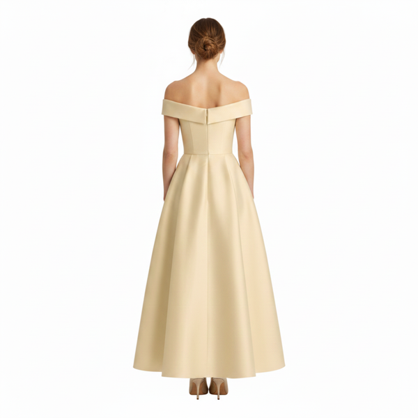 Midi Flared Wedding Guest Dress with Off-Shoulder and Waist Bow