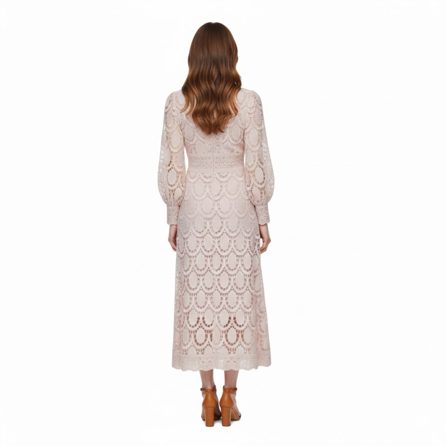 Long Lace Dress with Puff Sleeves and High Collar