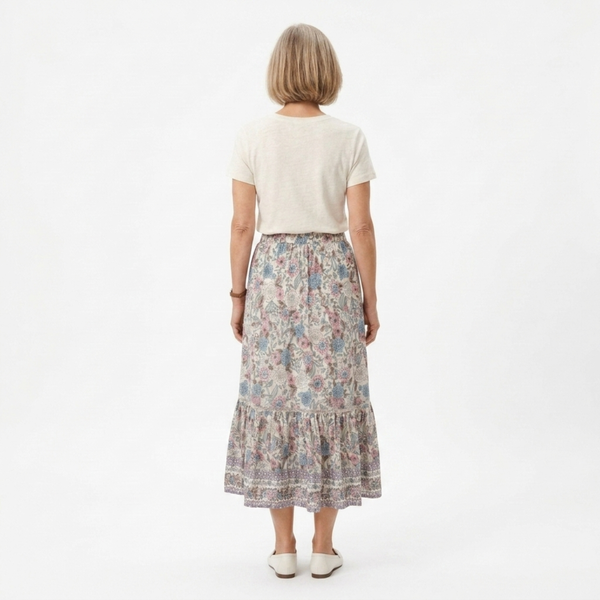 Long floral maxi skirt — high waist with lacing — summer vacation