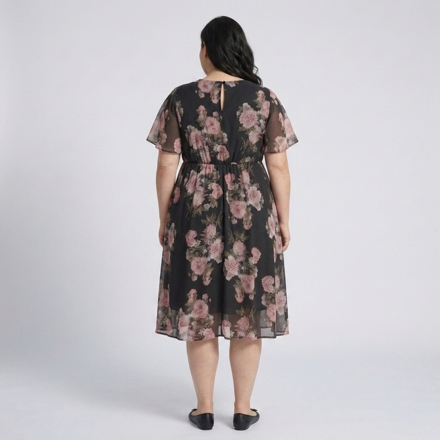 Plus size mid-length dress for women with a crossover collar and butterfly sleeves