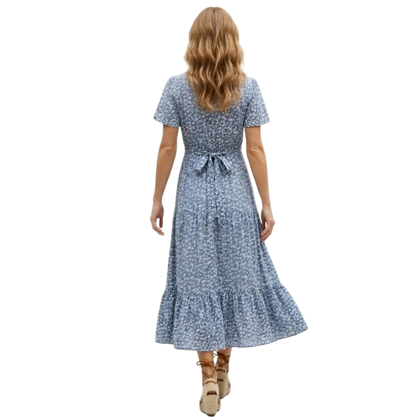 Floral Cotton Long Dress with V-Neck and Front Buttons for Women