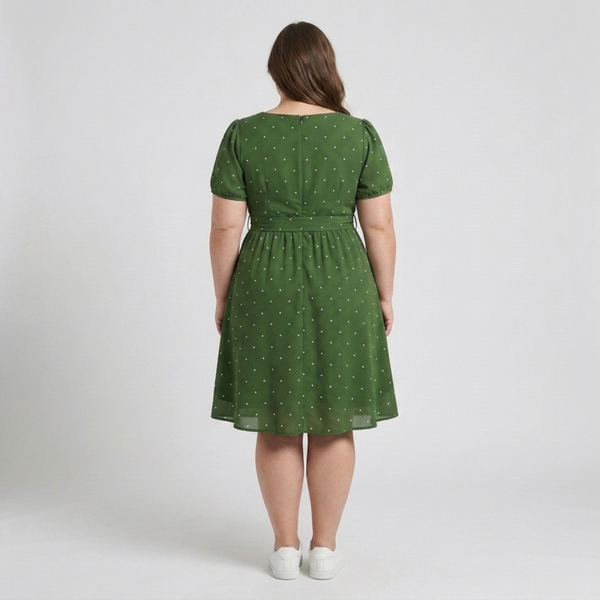 Plus Size Polka Dot Skater Dress for Women with Square Neck and Puff Sleeves