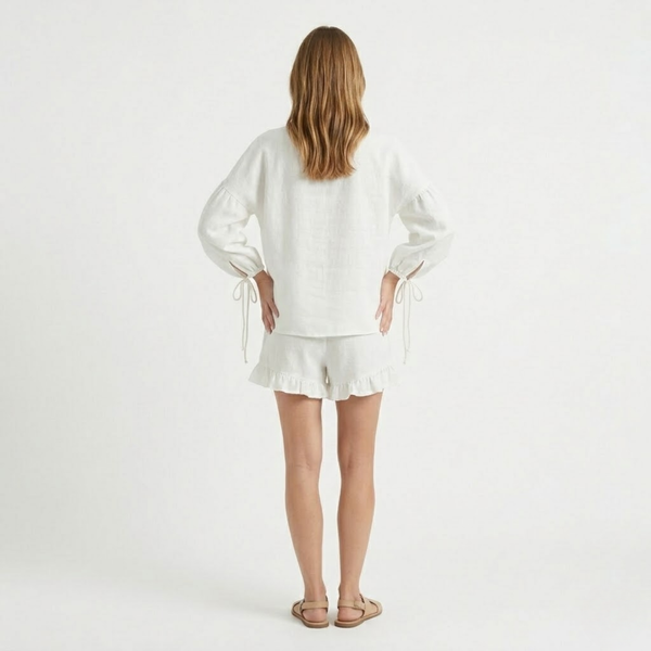 Women's Two-Piece Set with Long-Sleeve Blouse and Ruffled Shorts