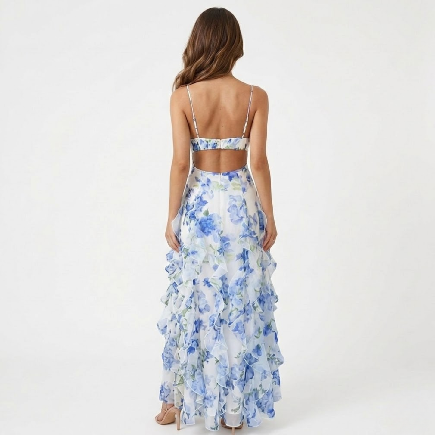 Long Floral Ruffled Dress with Corset Bodice and Thin Straps