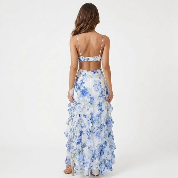 Long Floral Ruffled Dress with Corset Bodice and Thin Straps
