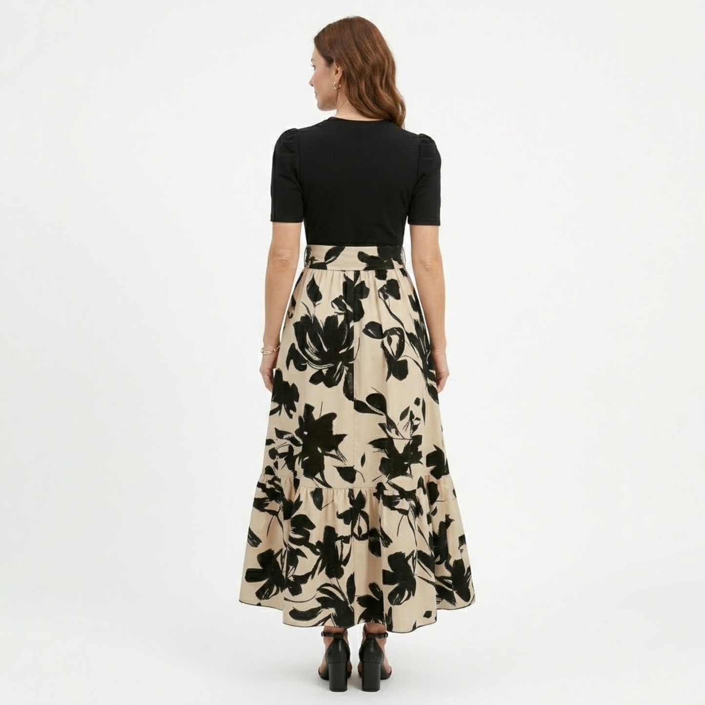 Floral Print Long A-Line Dress with Belt and Puff Sleeves