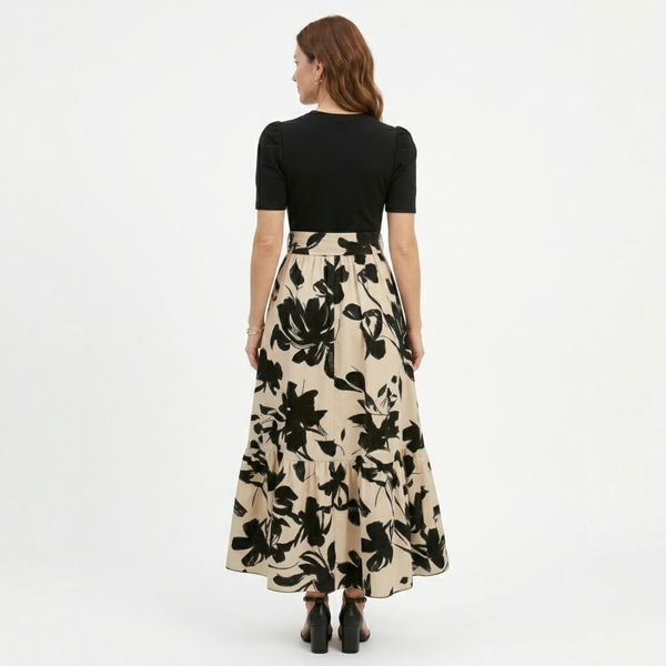Floral Print Long A-Line Dress with Belt and Puff Sleeves