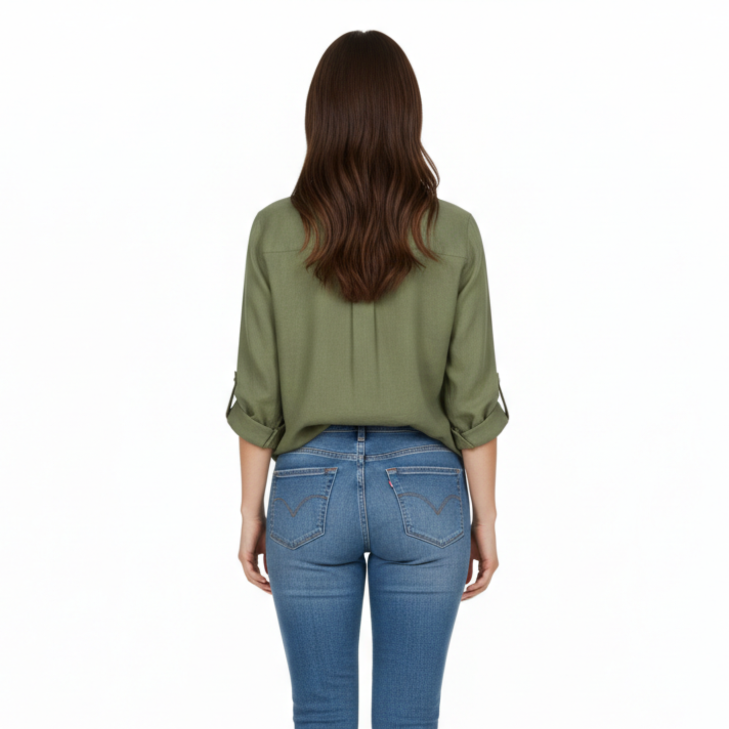 Loose casual button-up shirt for women with three-quarter sleeves and split neckline