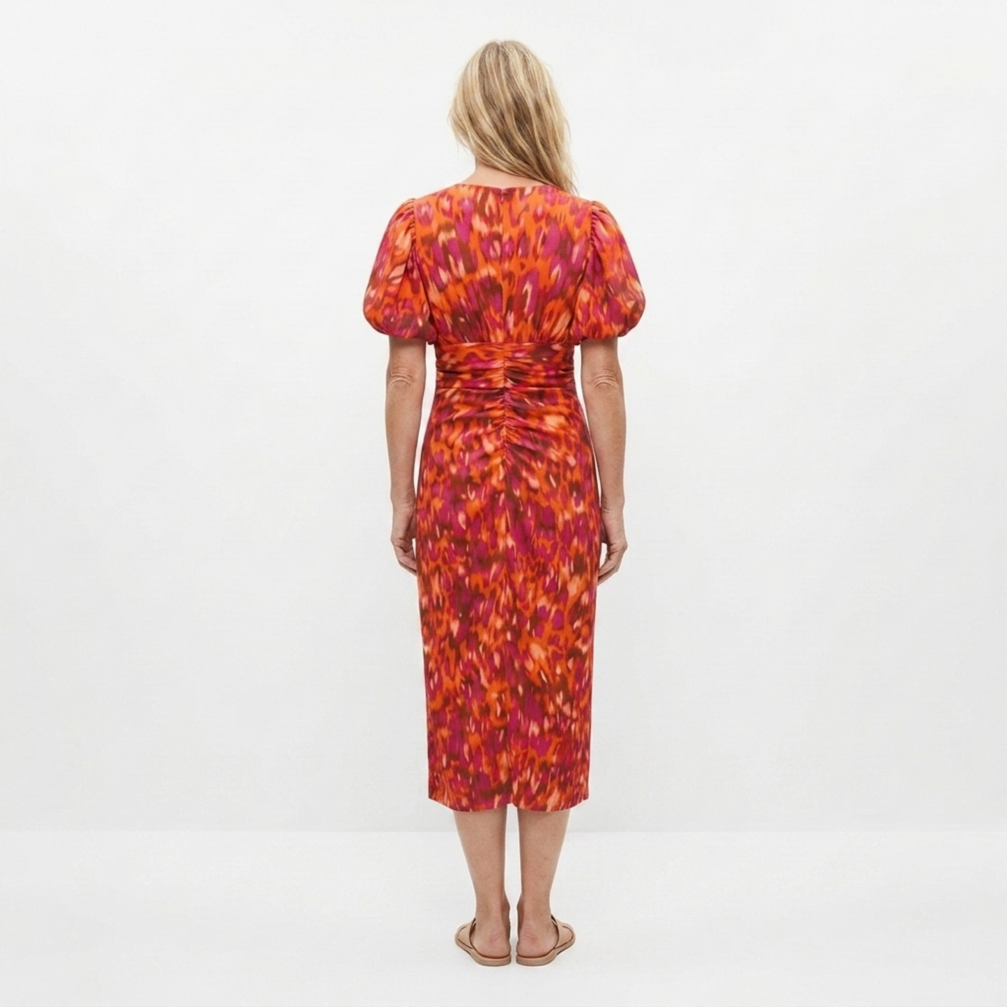 Printed long dress — V-neck and puff sleeves — party