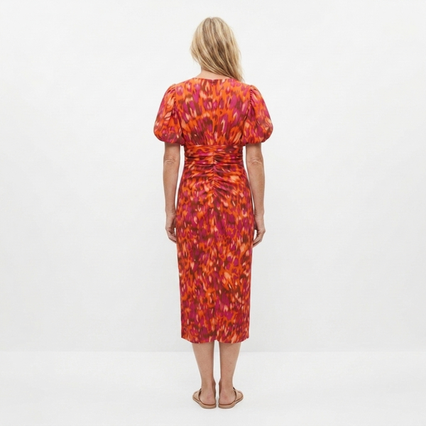 Printed long dress — V-neck and puff sleeves — party