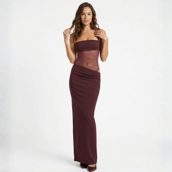 Fitted Long Evening Dress with Lace Bustier and Straps for Women