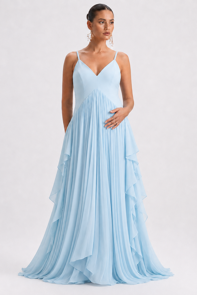 Long Pleated Maternity Dress with Straps