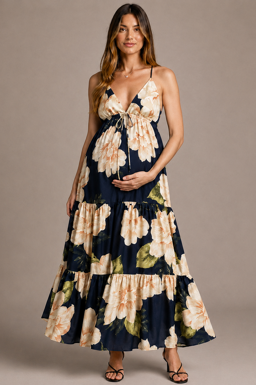 Long Floral Maternity Dress with V-Neck and Open Back