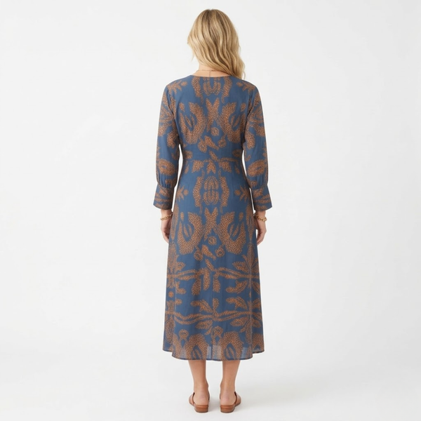 Long-Sleeve Midi Dress with Front Bow and Print for Women