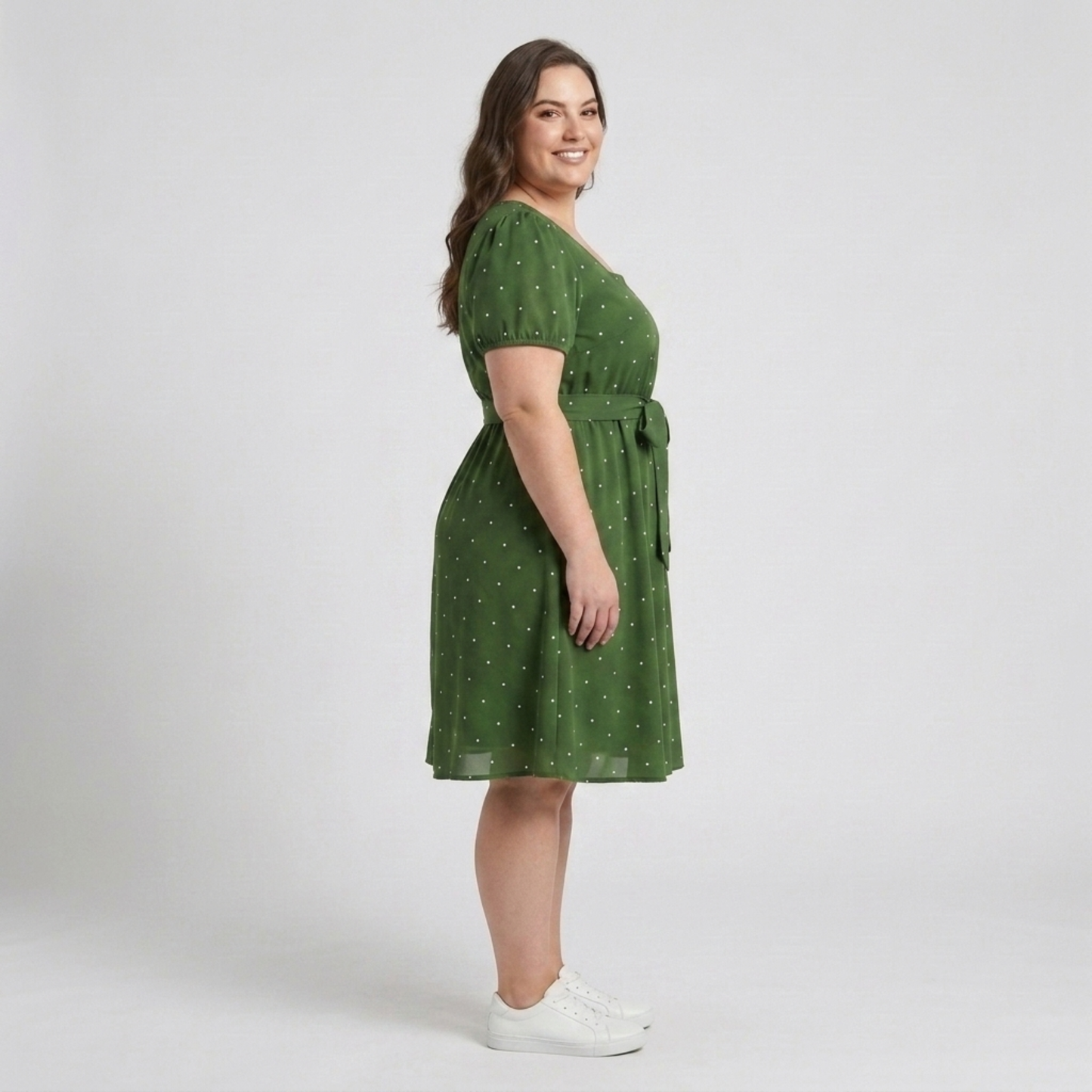 Plus Size Polka Dot Skater Dress for Women with Square Neck and Puff Sleeves