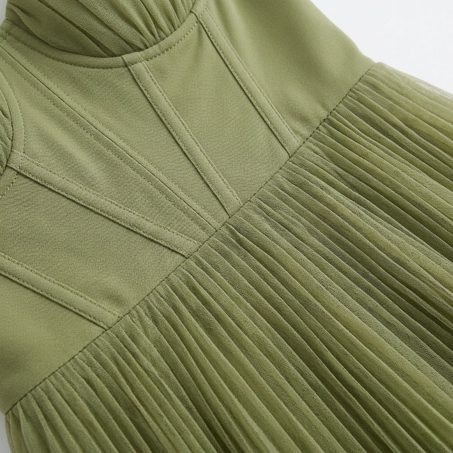 Pleated Long Evening Dress with Strappy Bustier and Back Zipper Closure