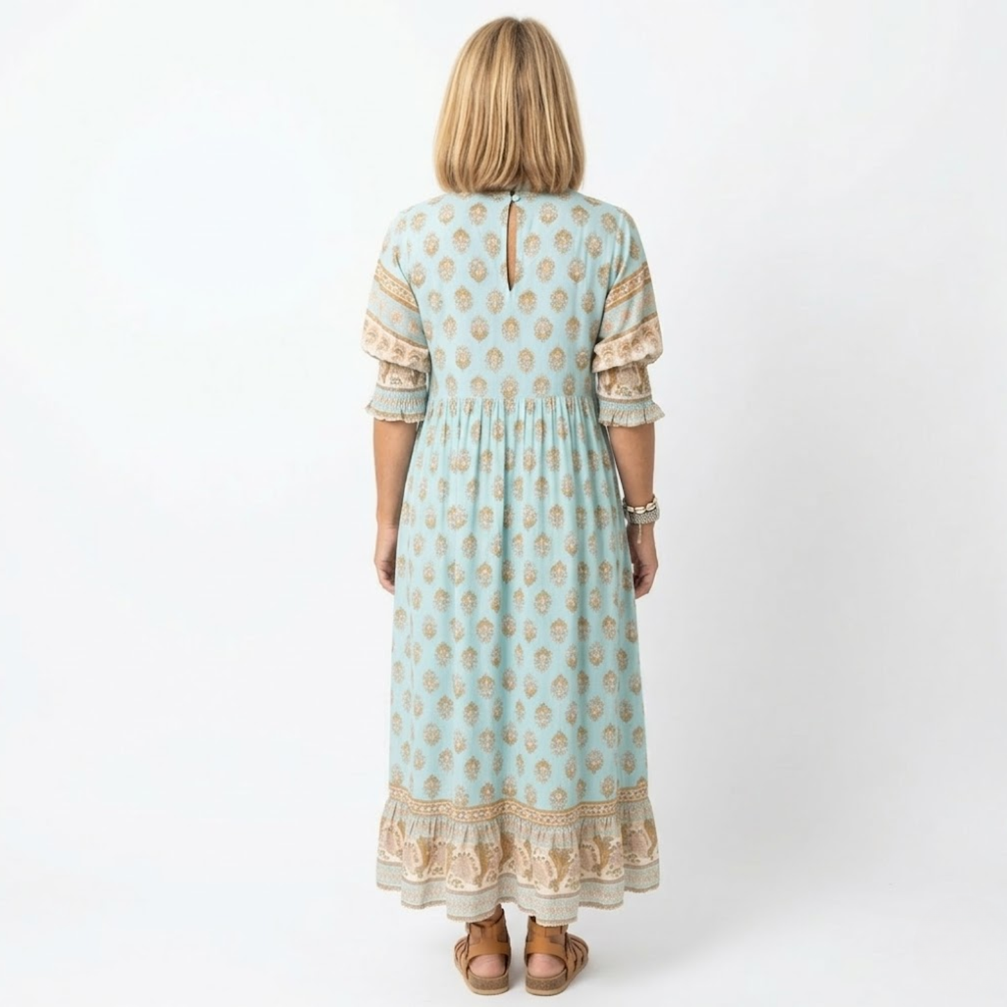 Boho Style Midi Dress for Women with Floral Print, V-Neck, and Lantern Sleeves