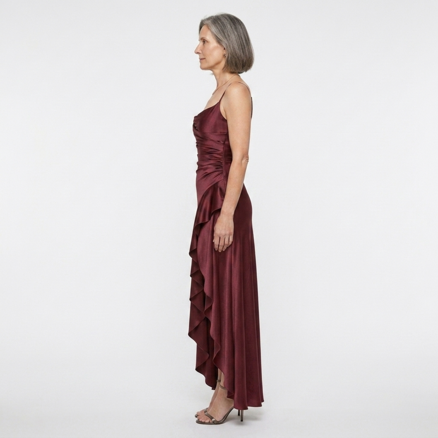 Women's long dress — satin with asymmetrical hem and ruffles | chic evening