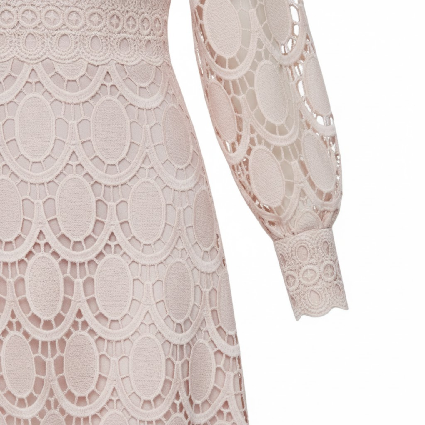 Long Lace Dress with Puff Sleeves and High Collar