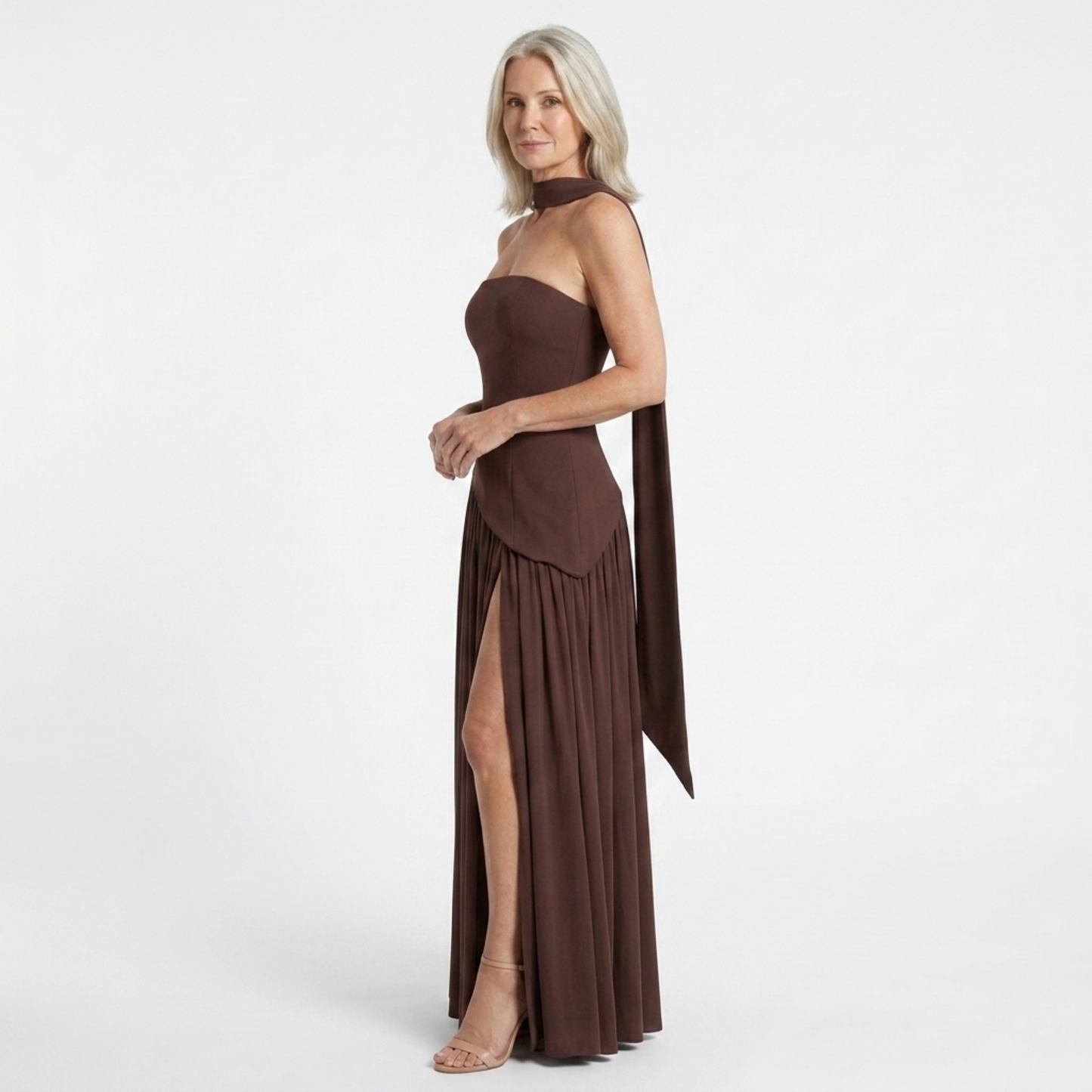 Long evening gown — scarf neckline and pleated slit skirt | ceremony