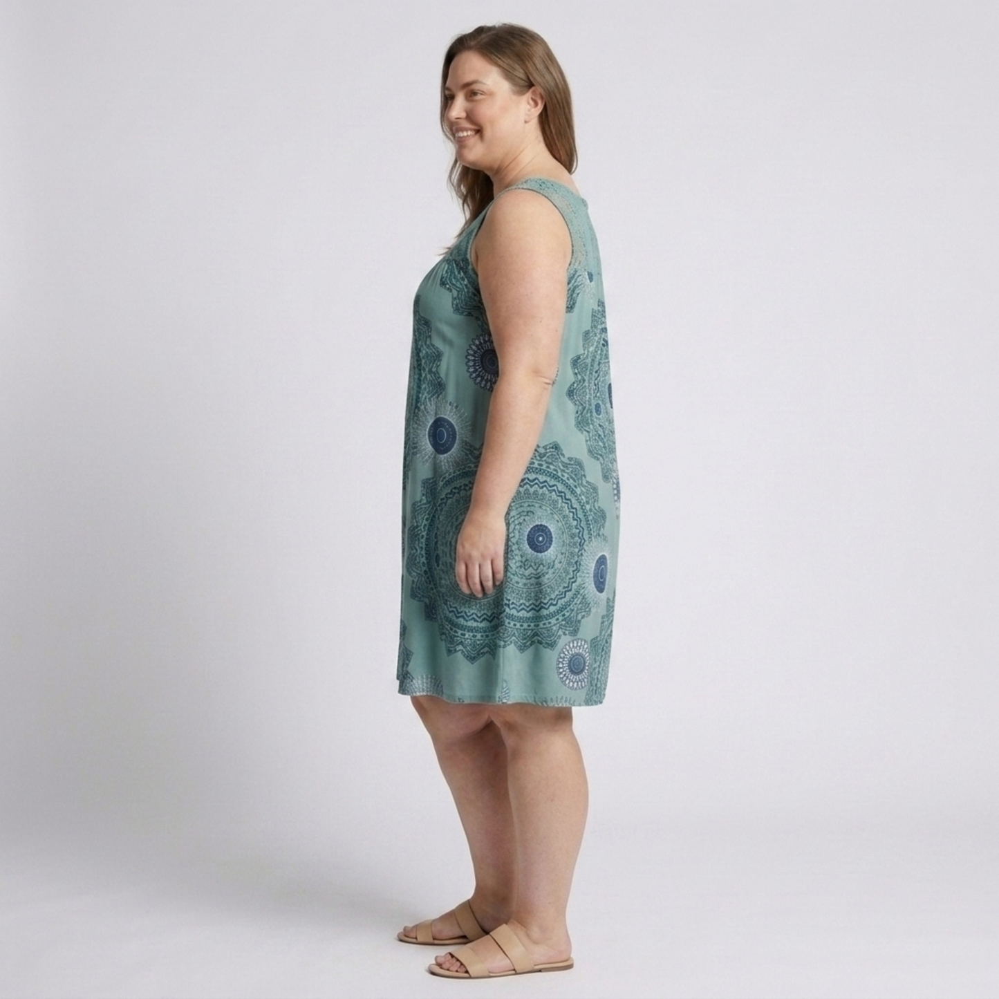 Plus Size Women's Summer Dress in Vintage Printed Cotton with Lace Details