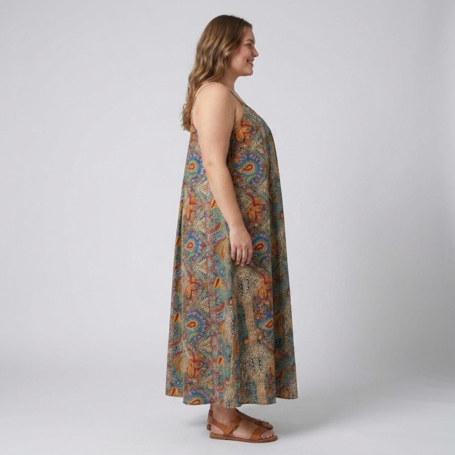 Plus size long dress for women with paisley print straps