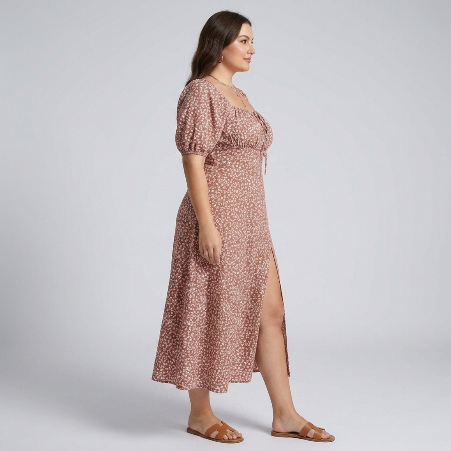 Plus size long dress with puff sleeves and print