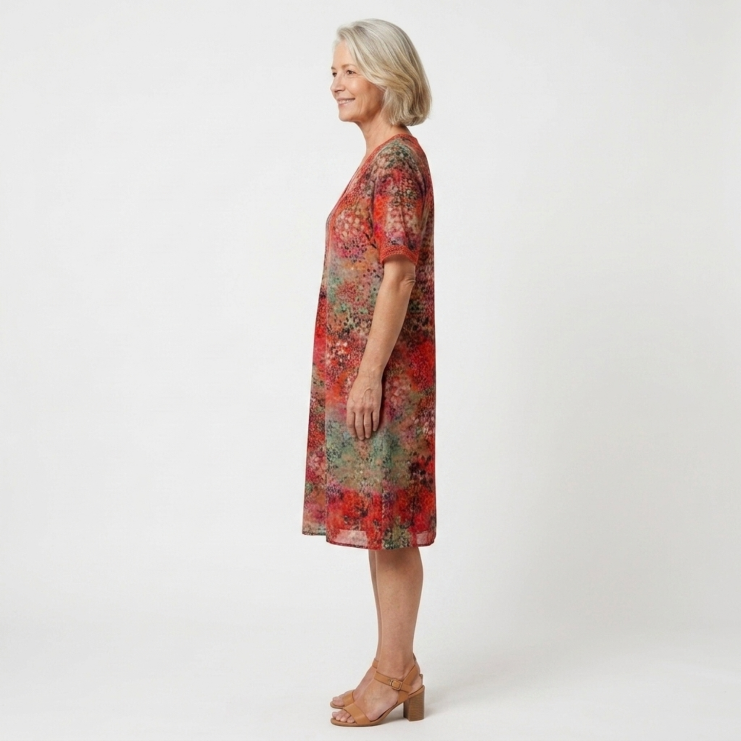 Women's mid-length flared dress — printed pattern and V-neck — casual