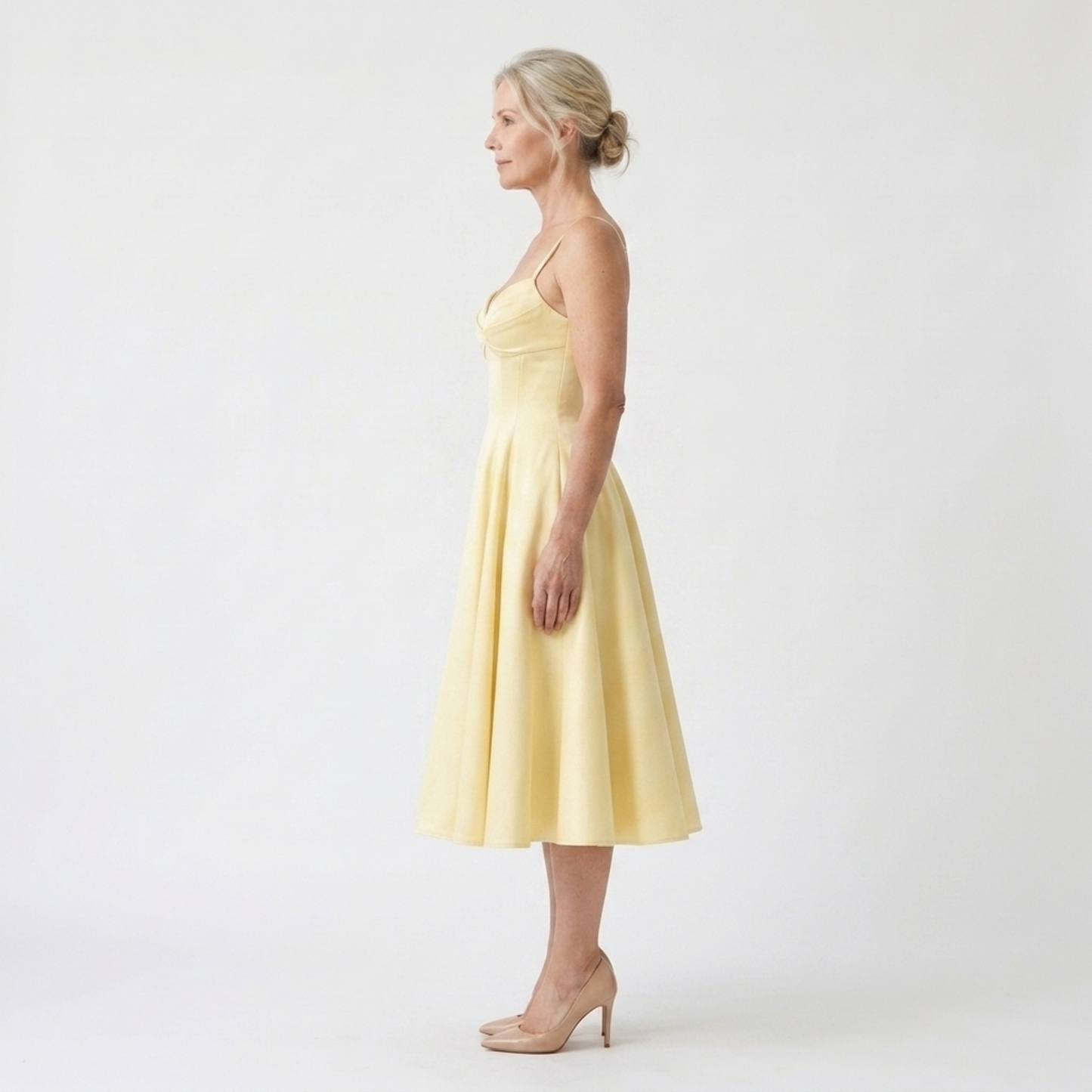 Mid-length day dress — stretch cotton and full skirt with pockets
