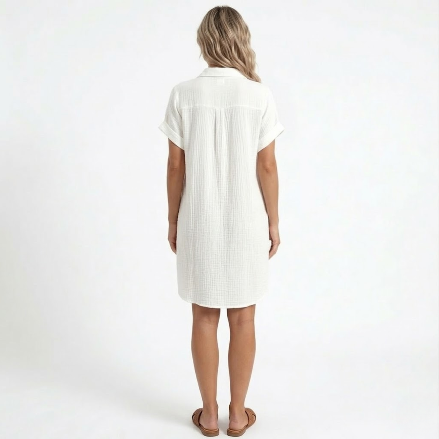 Short Cotton and Linen Dress with V-Neck and Three-Quarter Sleeves for Women