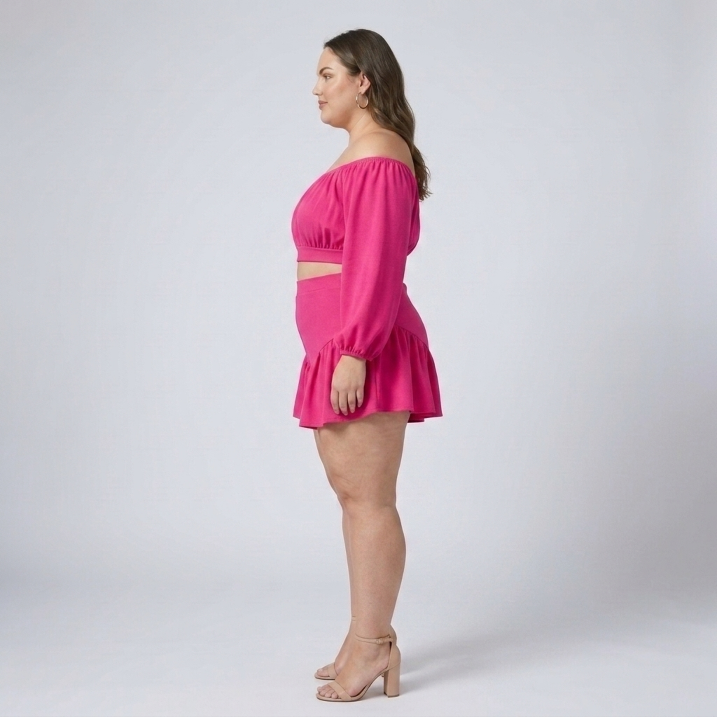 Plus size off-shoulder top and ruffled shorts set