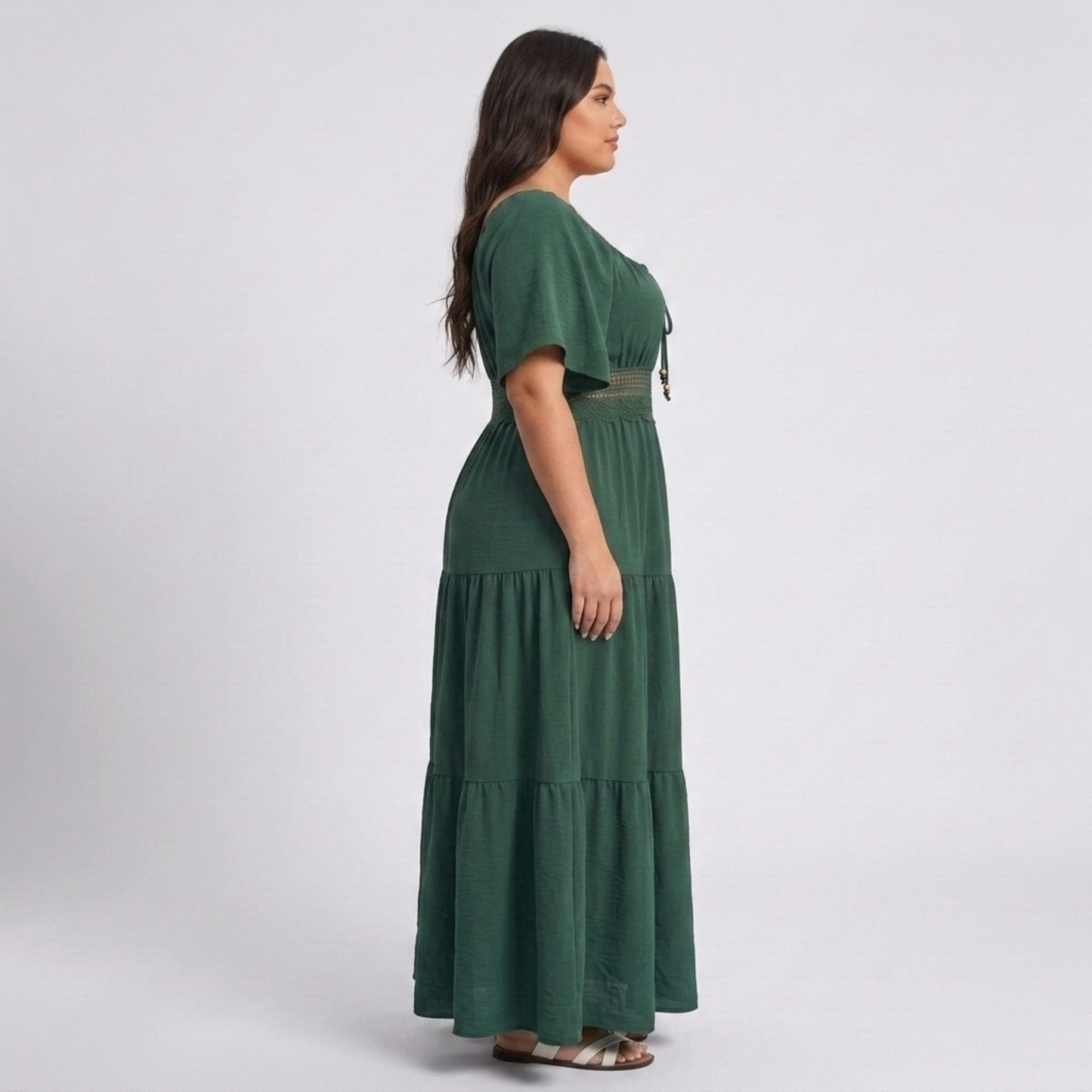 Plus Size Long Printed Country-Style Dress with Square Neck and Butterfly Sleeves