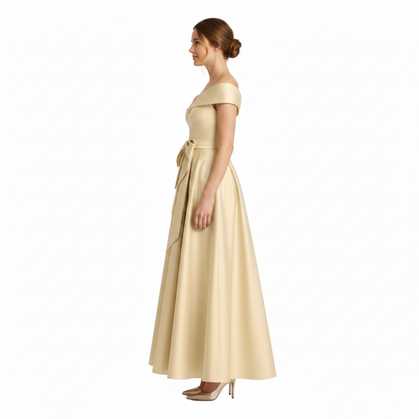 Midi Flared Wedding Guest Dress with Off-Shoulder and Waist Bow