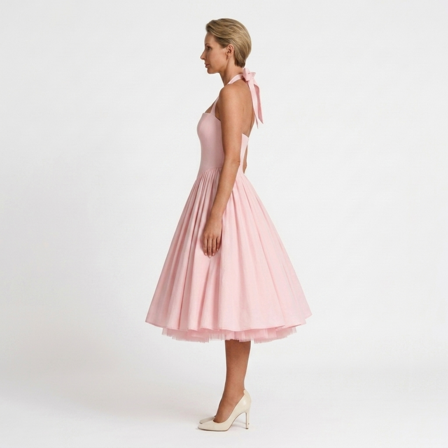 Women's midi halter dress — backless and full skirt — wedding and ceremony