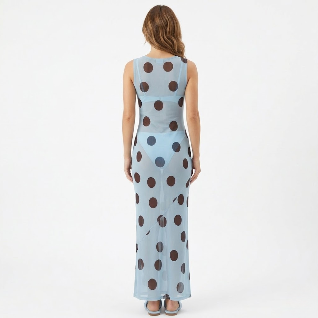 Sleeveless Long Polka Dot Dress with Round Neck and Fitted Cut for Women