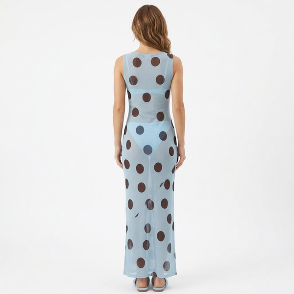 Sleeveless Long Polka Dot Dress with Round Neck and Fitted Cut for Women