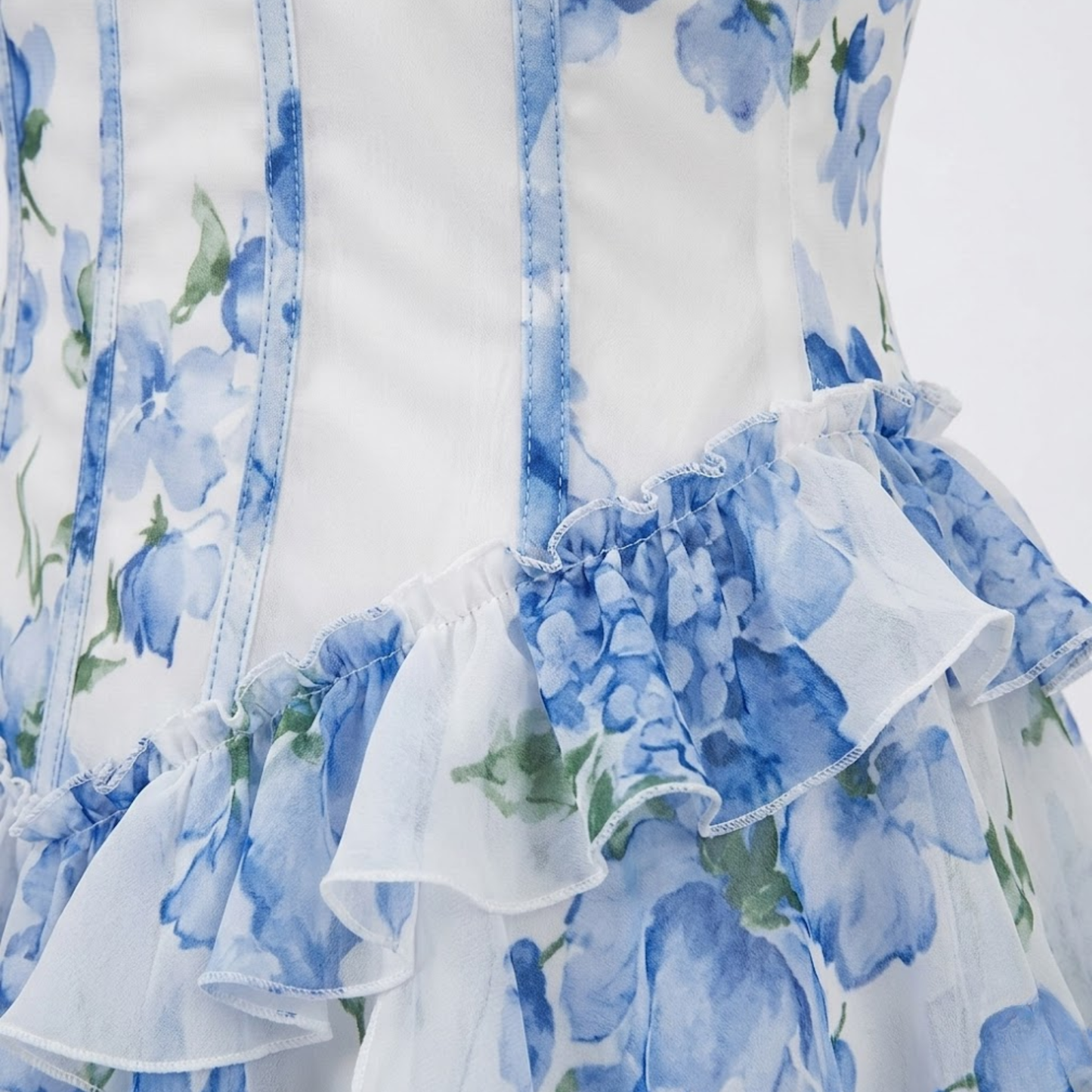 Long Floral Ruffled Dress with Corset Bodice and Thin Straps