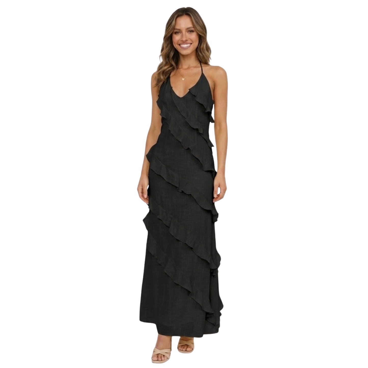 Long Ruffled Dress with V-Neck and Spaghetti Straps in Polyester