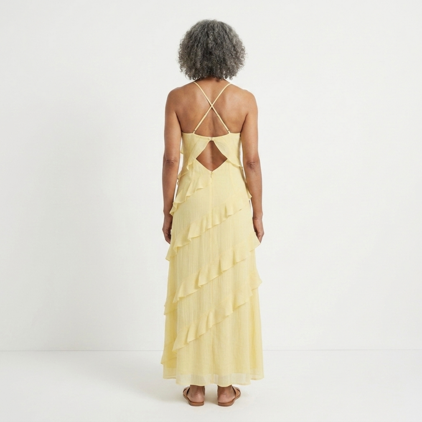 Women's tiered long dress — V halter neck for evening and party — vacation